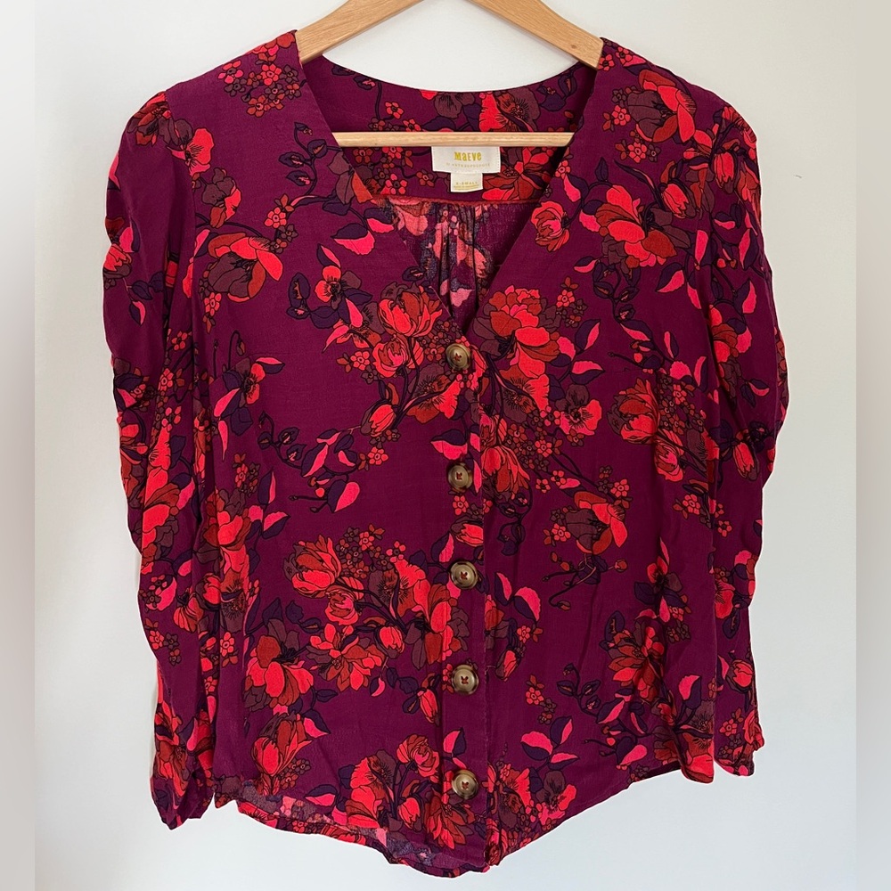 Anthropologie Burgundy Button Floral Blouse Size XS Maeve